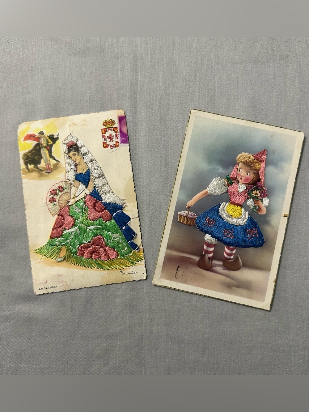 2 Vtg 1950s Embroidered Silk Postcards Spain Artist Signed Elsi Gumier Majorca